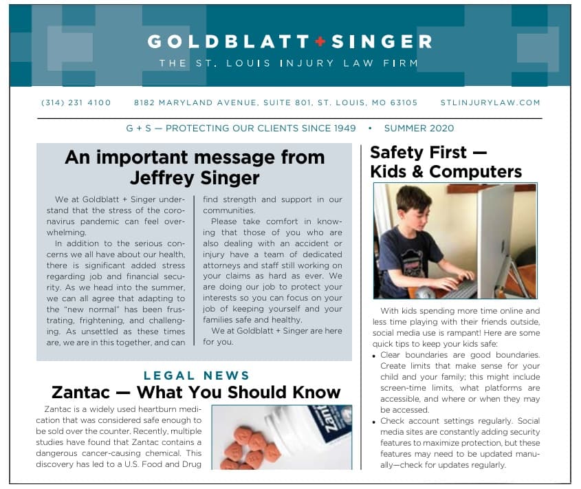 Goldblatt + Singer personal injury law firm 2020 newsletter preview image.